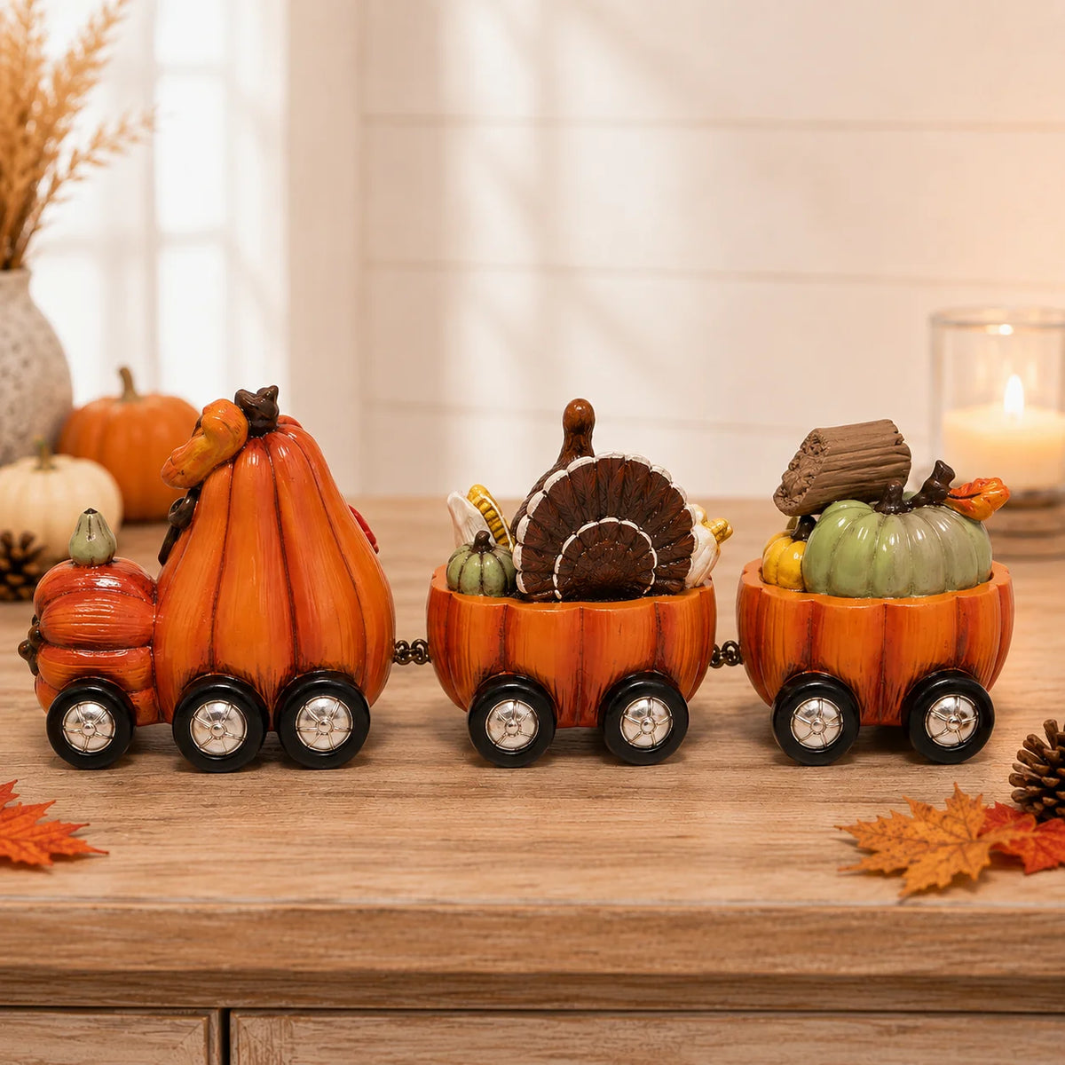 Hodao Resin Thanksgiving Pumpkin Train Figure, 3-Car Fall Harvest Decor with Gnome, Turkey, Corn, Pumpkins & Give Thanks Sign, 7.8" Long Autumn Farmhouse Tabletop Centerpiece, Seasonal Shelf Mantel Decor, Holiday Gift for Hom