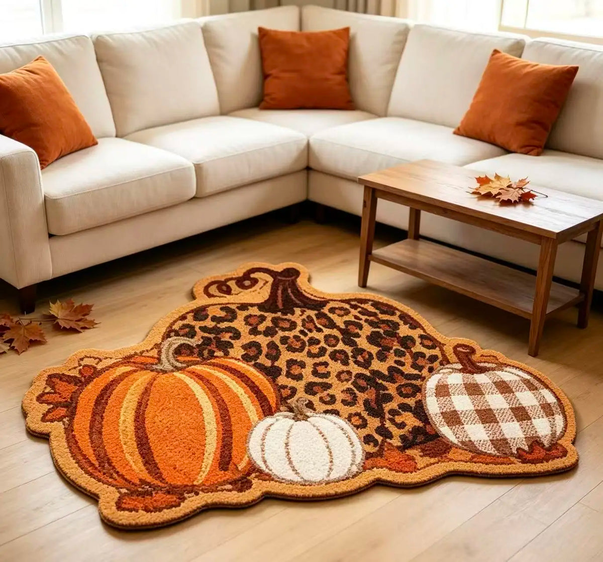 Fall Pumpkin Shaped Doormat, Leopard & Plaid Pumpkin Pattern Non Slip Floor Mat, Autumn Harvest Decorative Rug for Front Door Entrance Home Halloween Decor