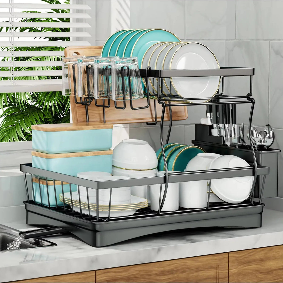 Two Tier Metal Dish Drying Rack With Draining Tray