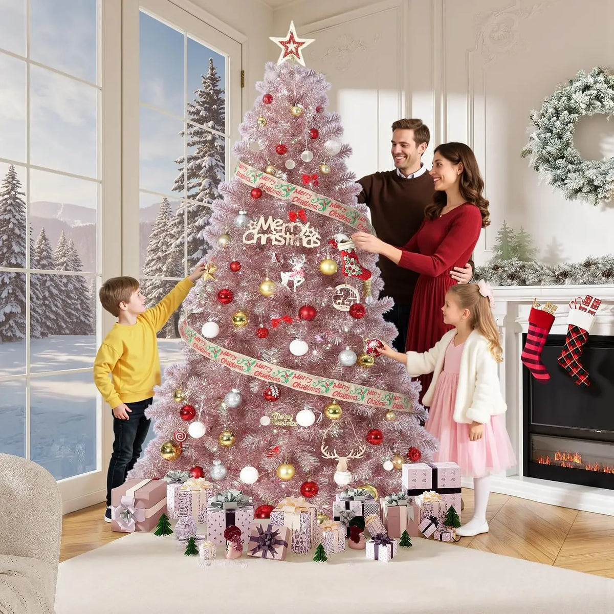 Garvee 4.5/6/7.5FT Prelit Artificial Christmas Tree Rose Gold Tinsel Fake Christmas Tree with 250 Warm White LED Lights Metal Stand & 688 Branch Tips for Home, Office, Xmas Party Decor, Gold