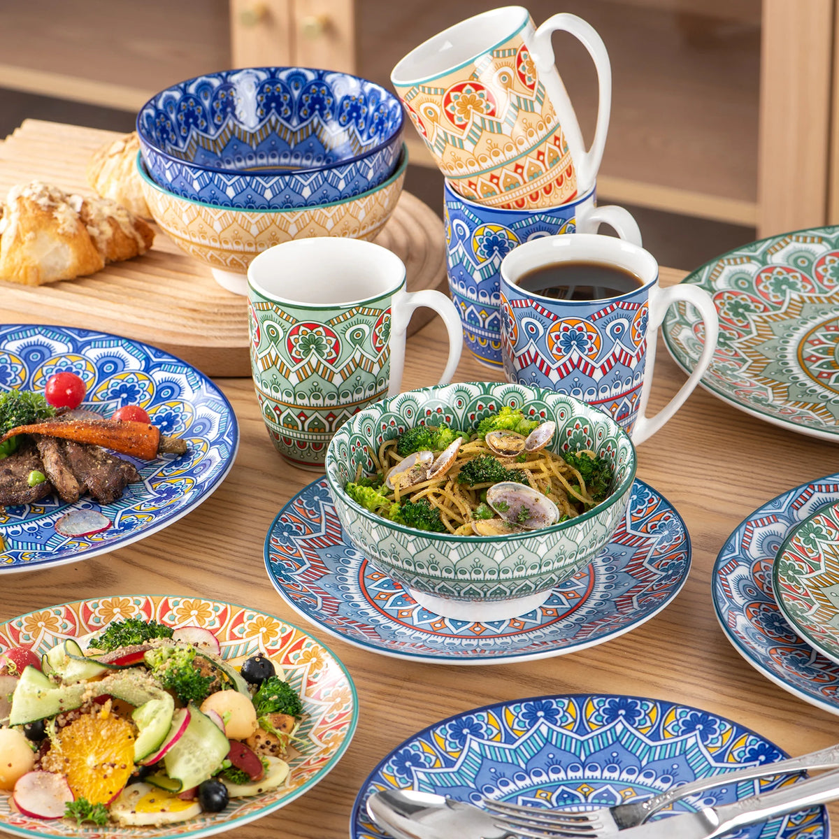 MALACASA Ceramic Mandala Dinnerware Set With Plates And Bowls