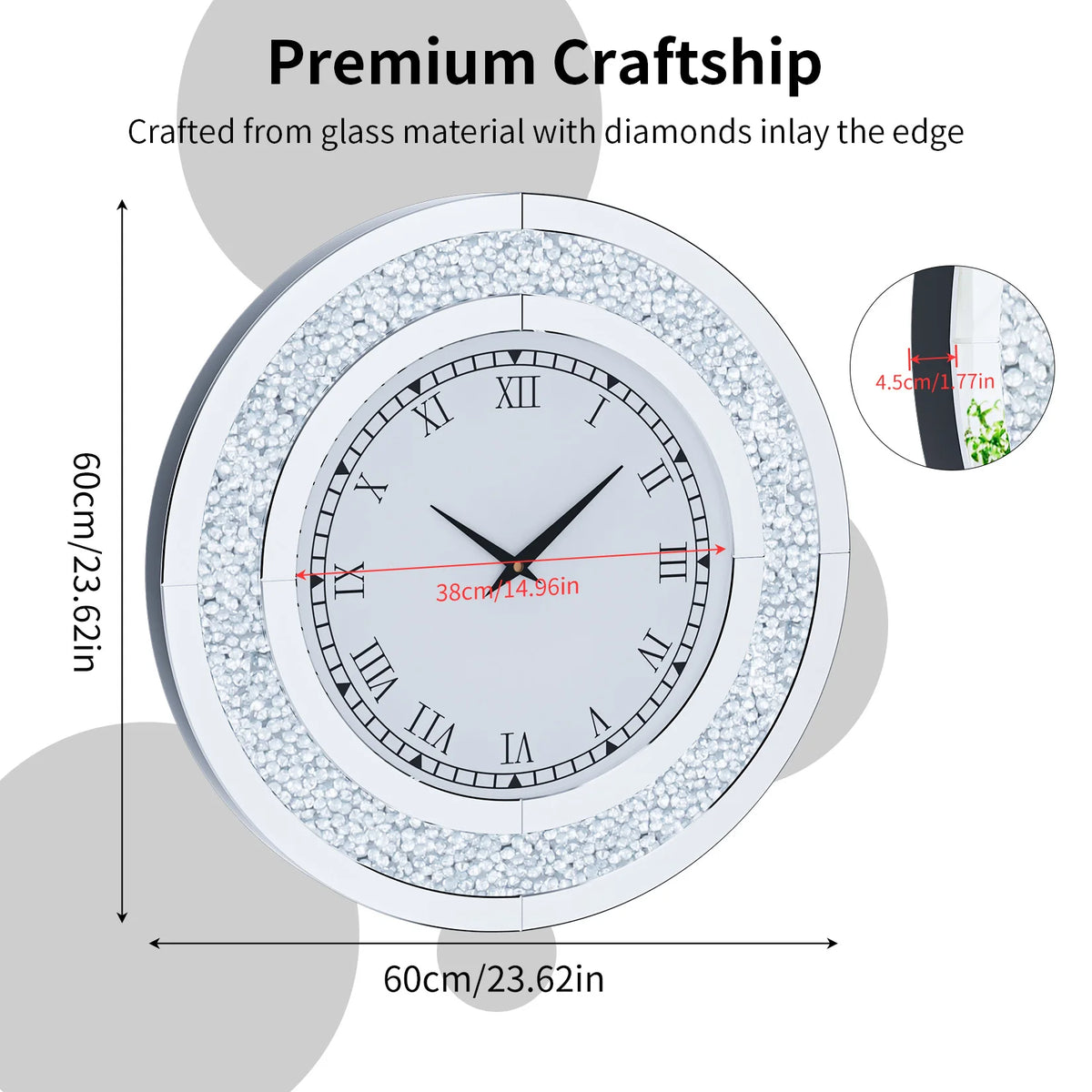 Crystal Mirrored Round Wall Clock With Sparkling Detail