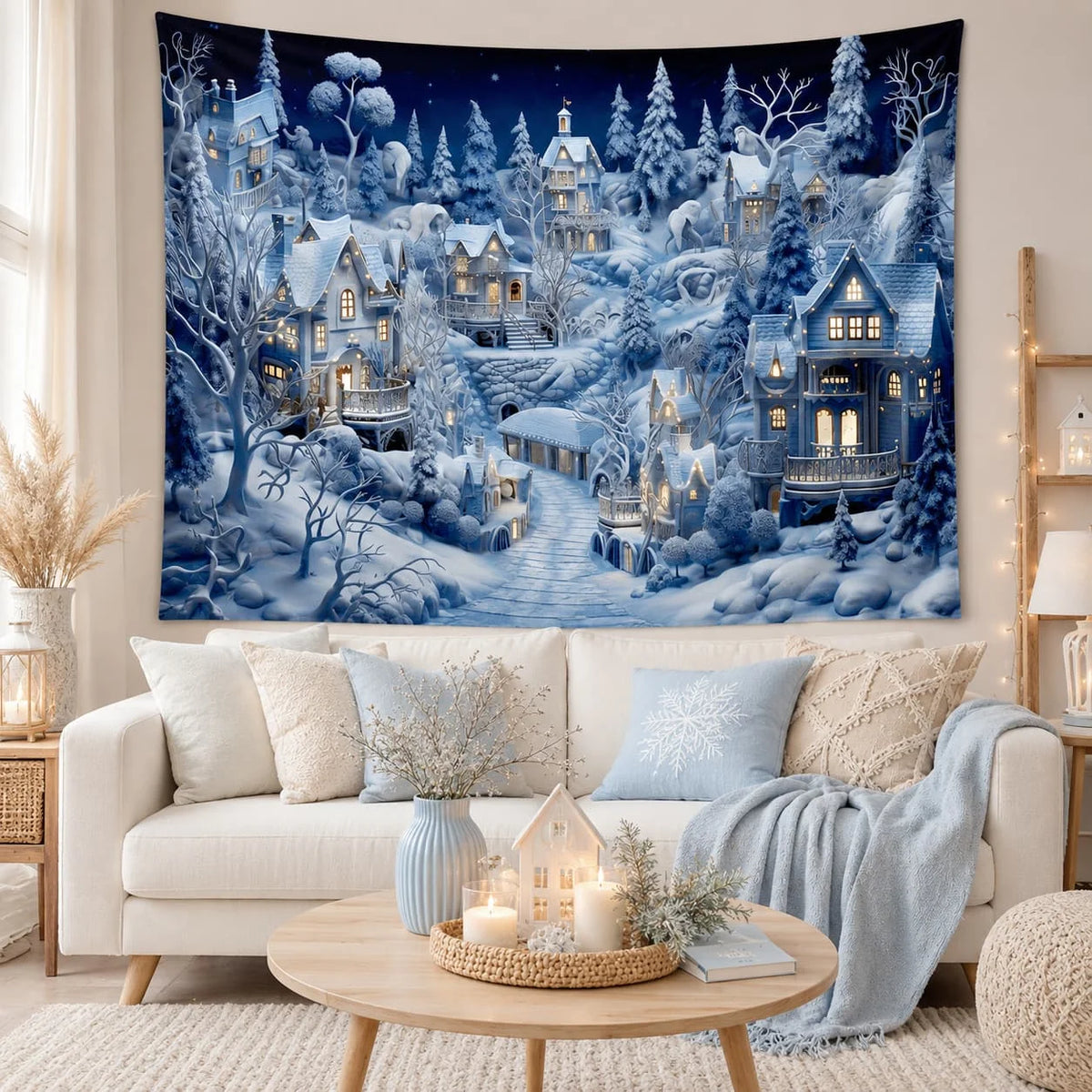 Christmas Town Snow Scene Winter Wonderland Wall Tapestry