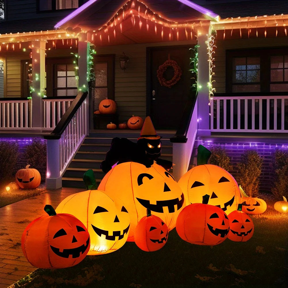 Halloween Inflatable Pumpkin With Witch Cat Led Lights Lawn Decor