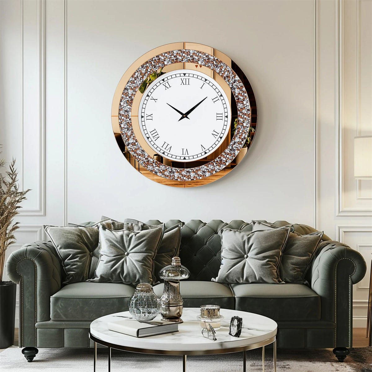 Crystal Mirrored Round Wall Clock With Sparkling Detail