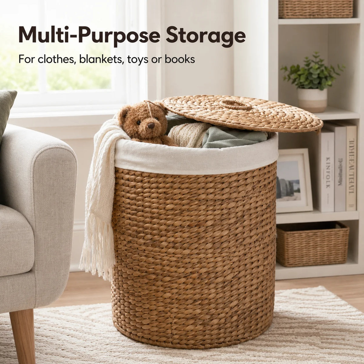 Woven Water Hyacinth Laundry Hamper With Lid And Removable Liner