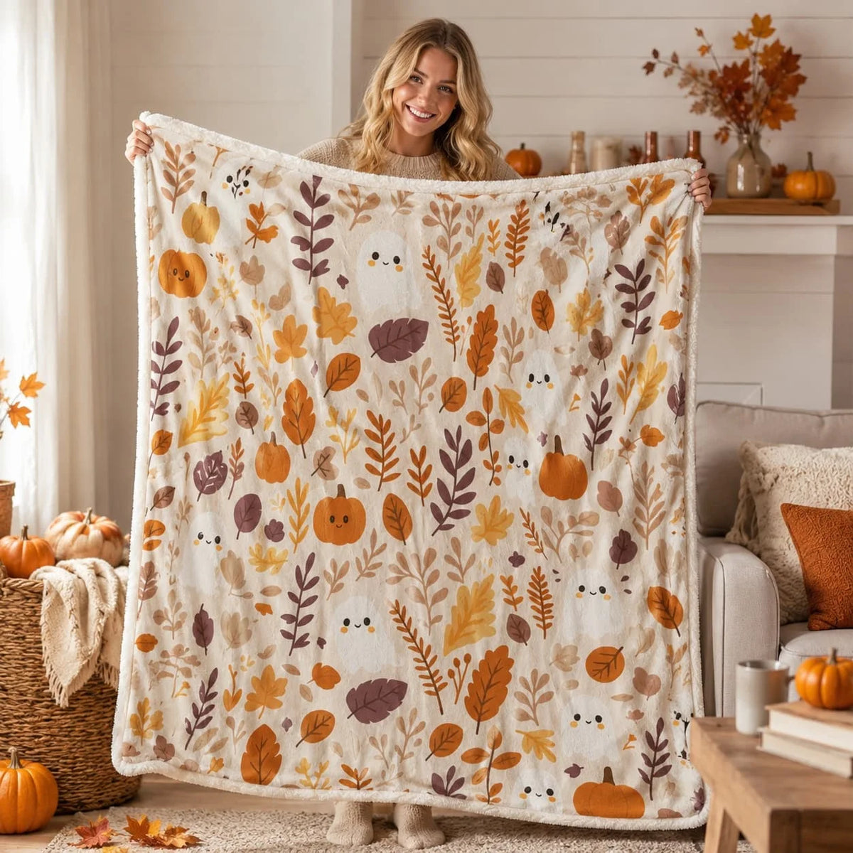 Autumn Ghost Pumpkin Fleece Blanket For Halloween Decor