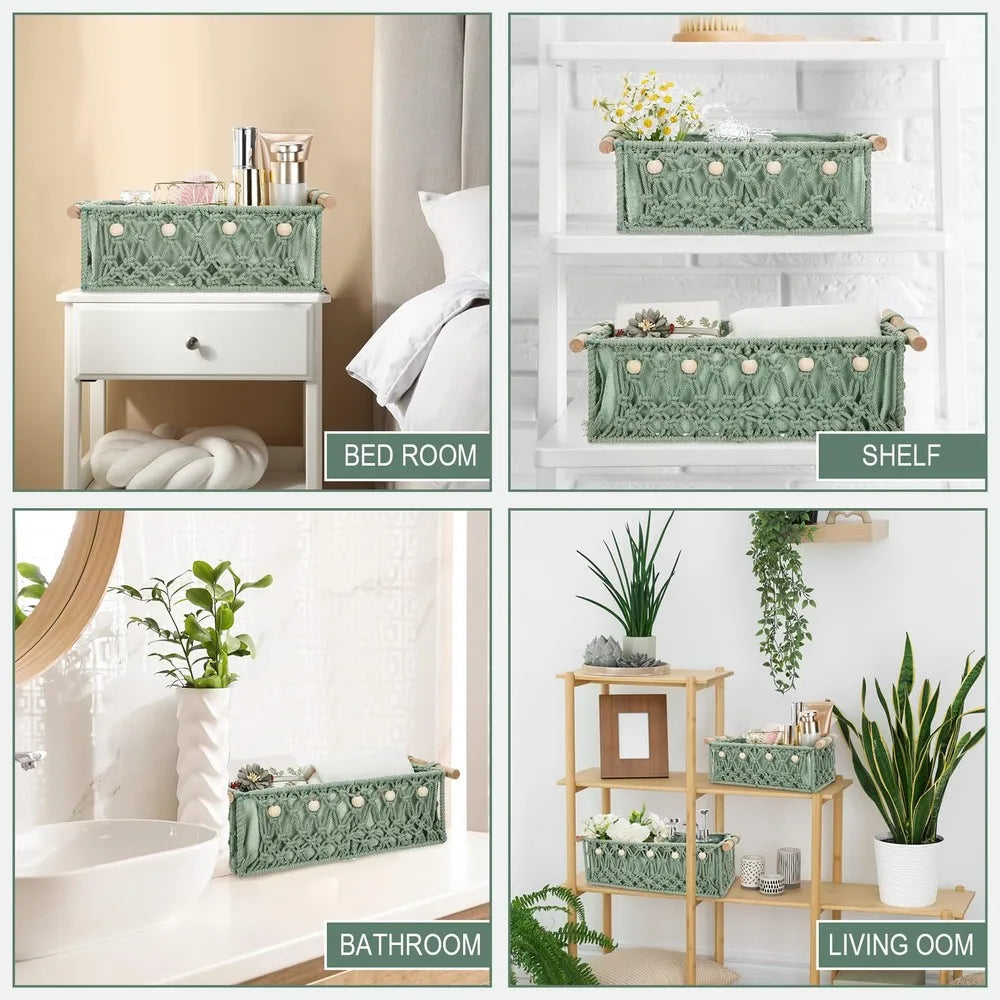 Boho Macrame Woven Storage Baskets With Wooden Handles And Beads