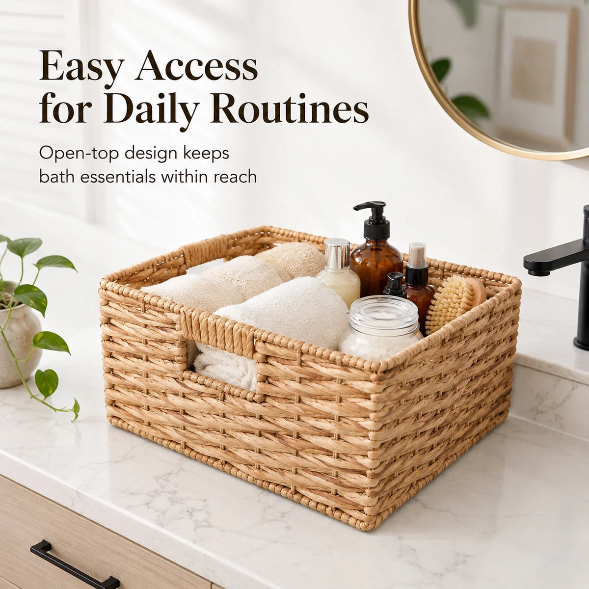 Water Hyacinth Woven Storage Basket With Handles For Home Organization