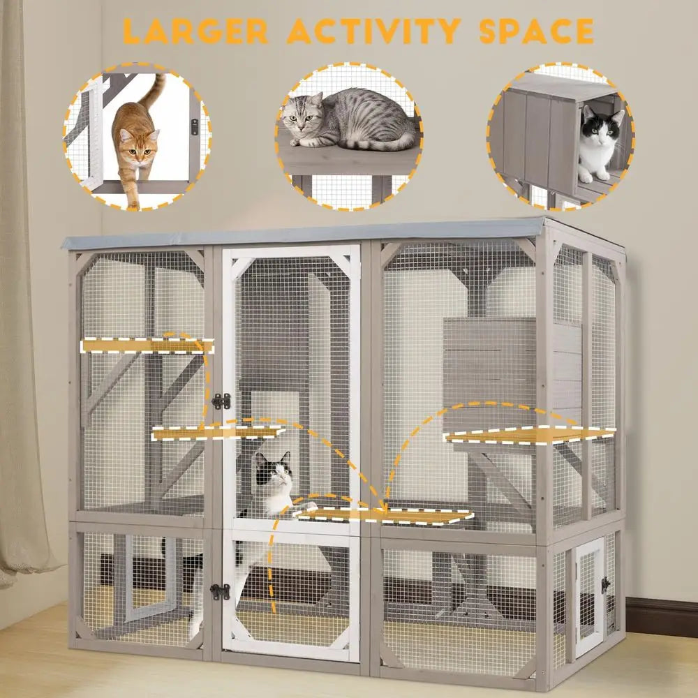 Outdoor Wooden Cat Catio Enclosure With Platforms And Resting Box