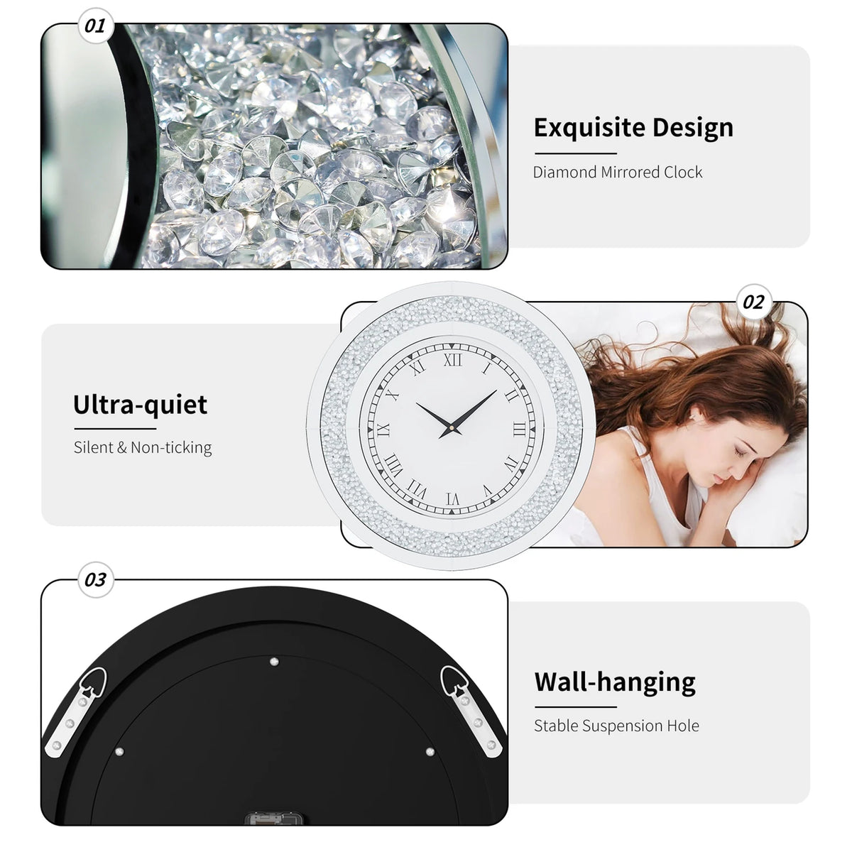 Crystal Mirrored Round Wall Clock With Sparkling Detail