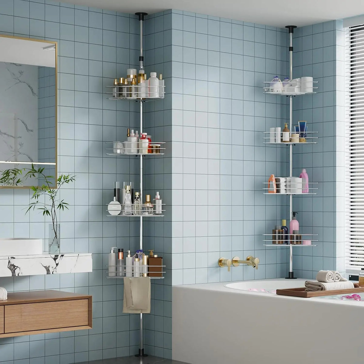 Adjustable Bathroom Corner Shower Tension Pole Organizer Rack