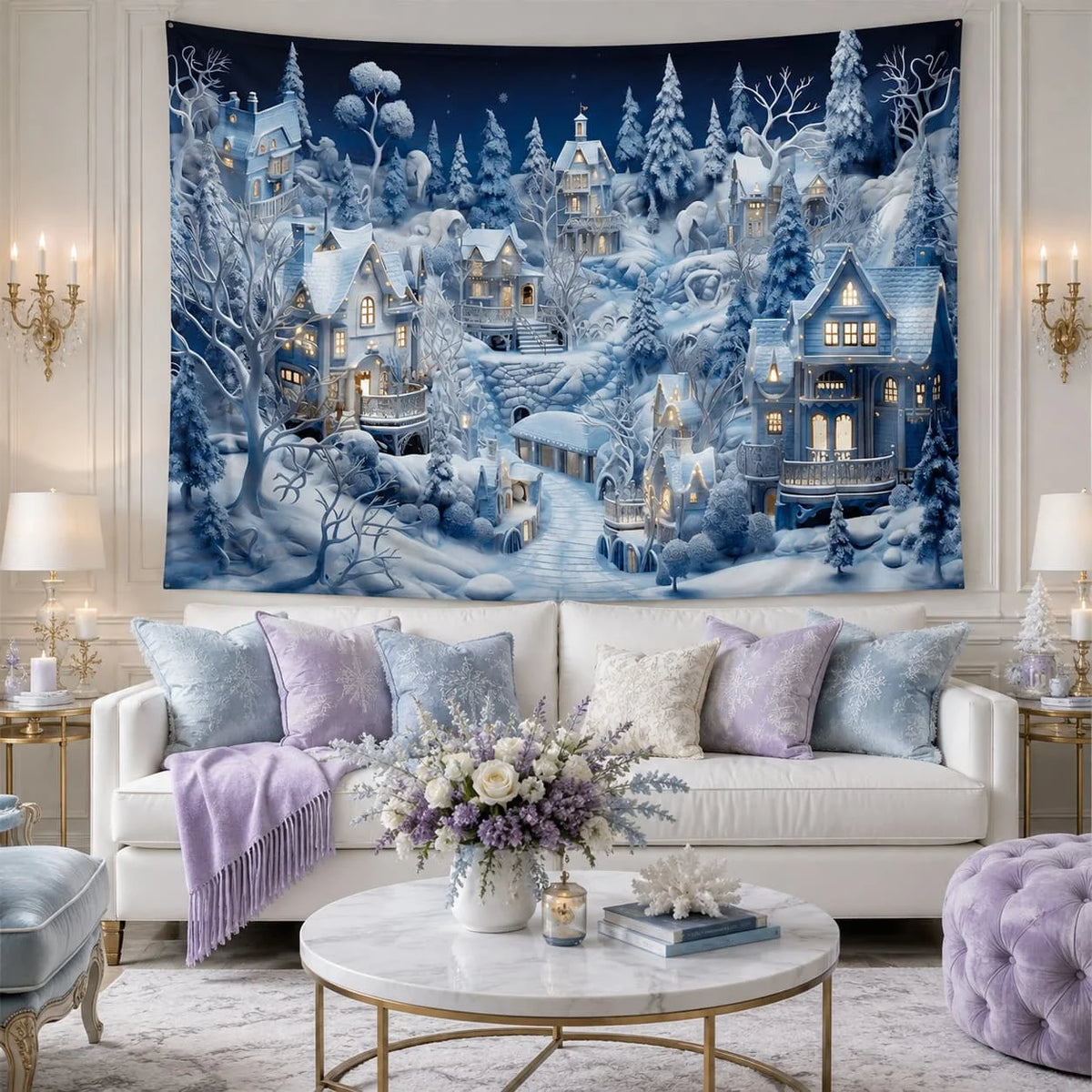 Christmas Town Snow Scene Winter Wonderland Wall Tapestry