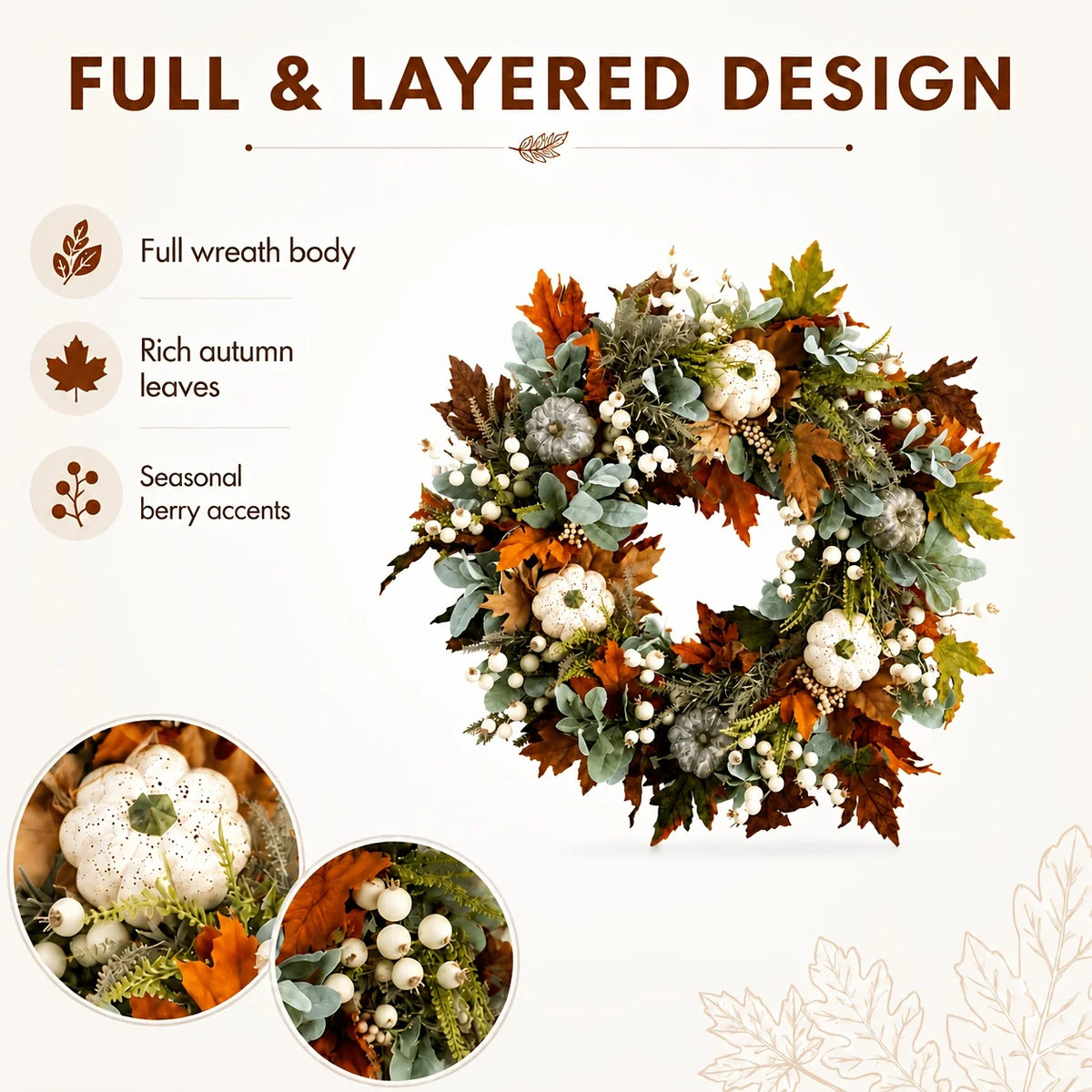Peony And Pumpkin Autumn Wreath With Leaves And Berries