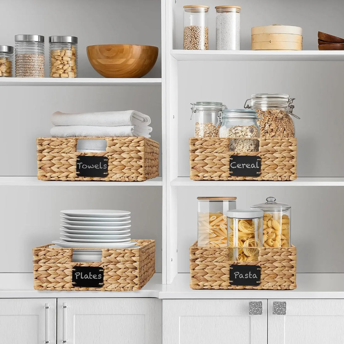Water Hyacinth Pantry Storage Baskets With Chalkboard Labels, Set Of 4