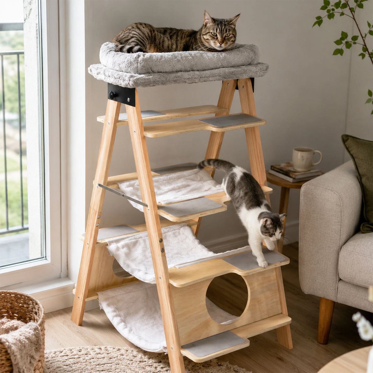 Wooden Cat Tree Tower With Washable Cushions And Hammock