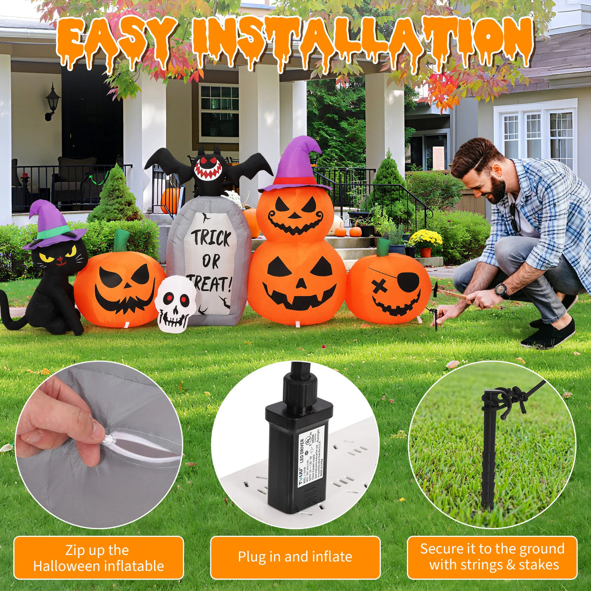 Halloween Inflatable Pumpkin And Black Cat With LED Lights