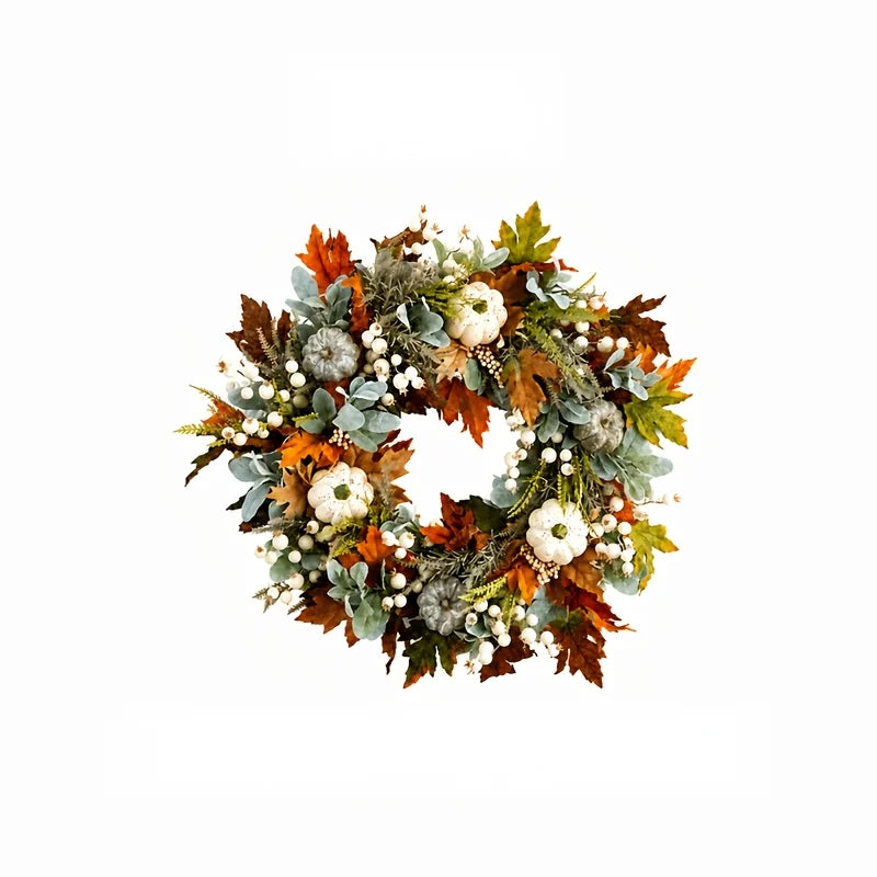Peony And Pumpkin Autumn Wreath With Leaves And Berries