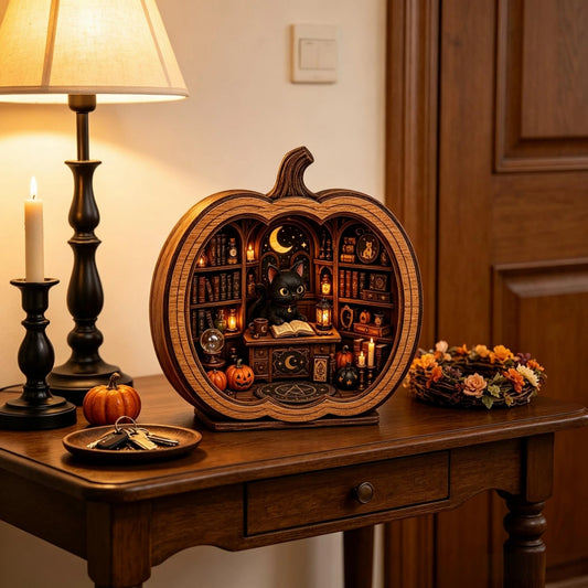 Halloween Cat Bookshop Pumpkin Figurine Display Stand