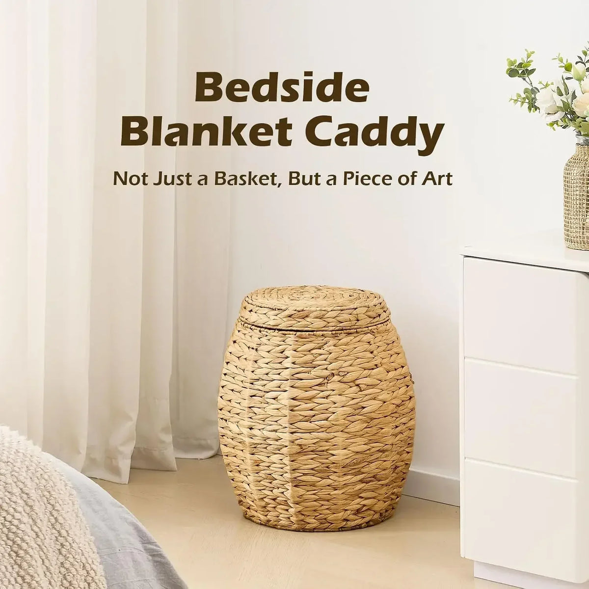 Handwoven Round Water Hyacinth Blanket Storage Basket With Lid