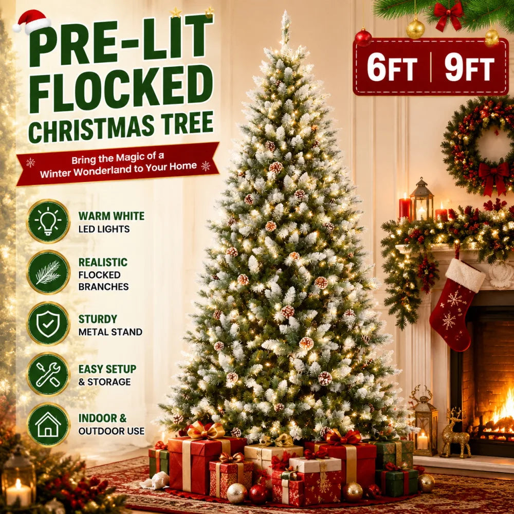 Prelit Flocked Artificial Christmas Tree With Led Lights