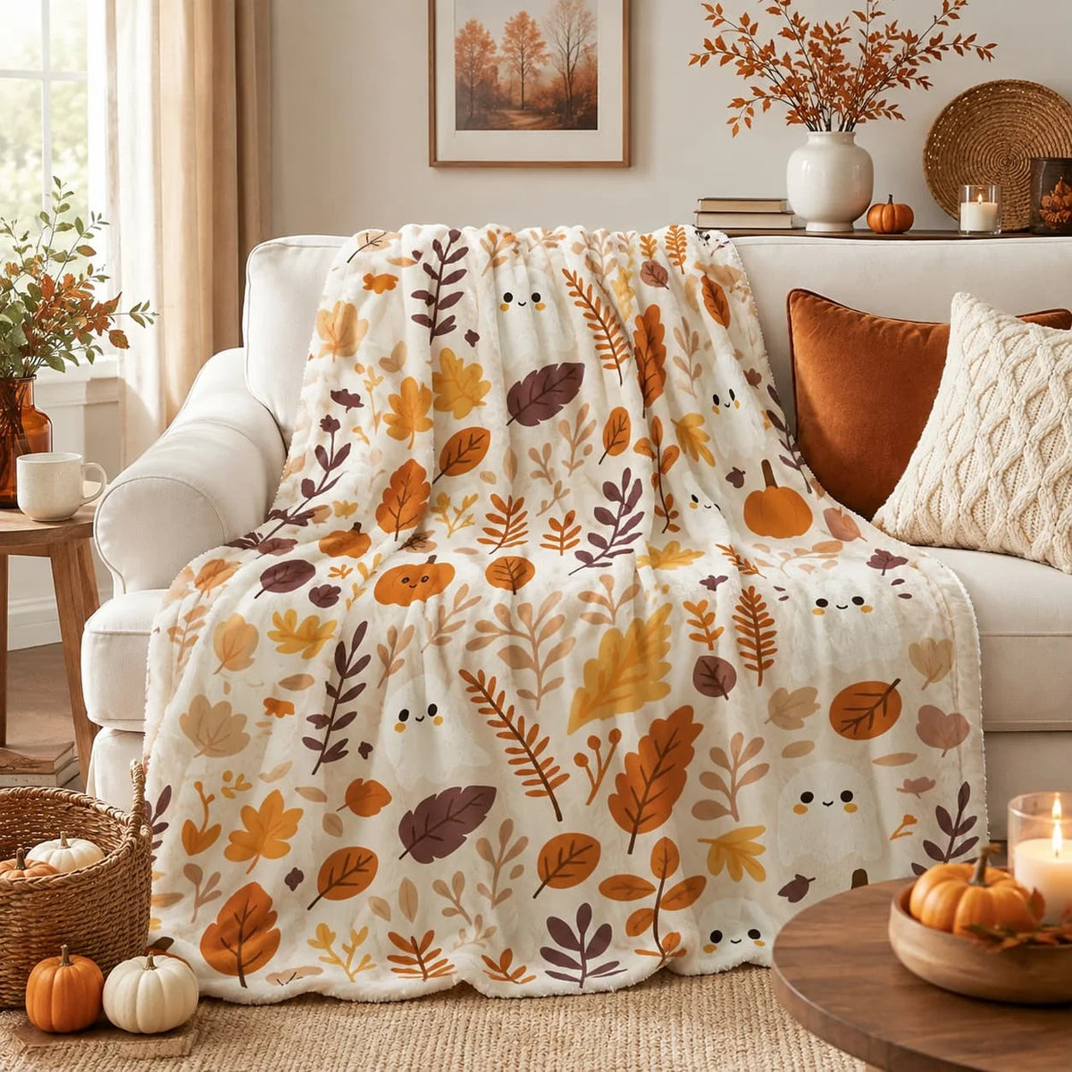 Autumn Ghost Pumpkin Fleece Blanket For Halloween Decor