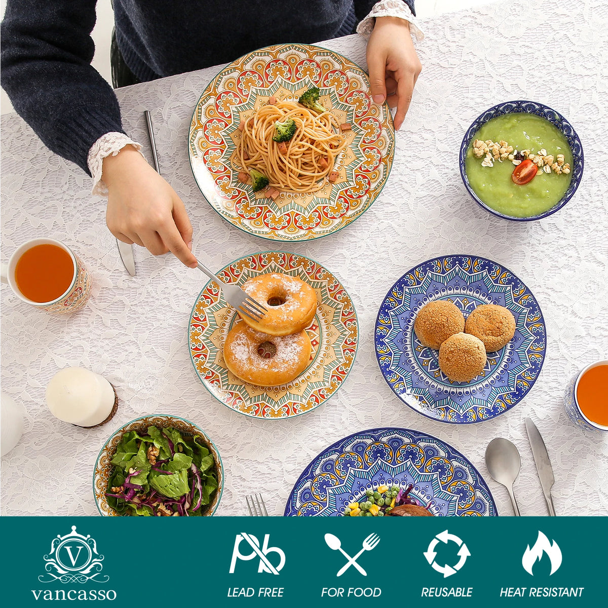 MALACASA Ceramic Mandala Dinnerware Set With Plates And Bowls