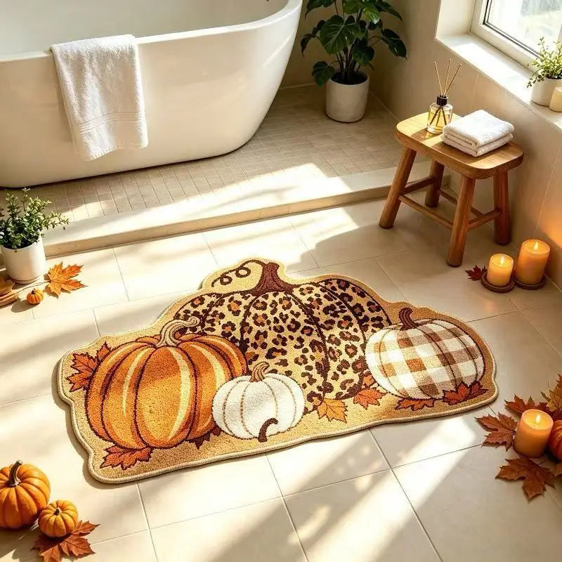 Fall Pumpkin Shaped Doormat, Leopard & Plaid Pumpkin Pattern Non Slip Floor Mat, Autumn Harvest Decorative Rug for Front Door Entrance Home Halloween Decor