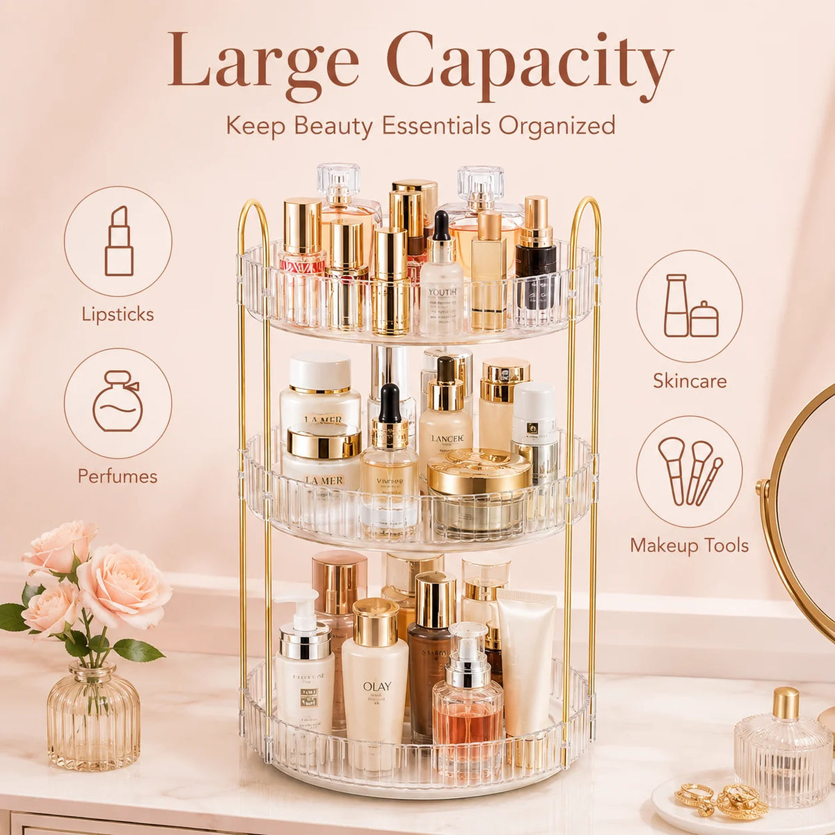 3 Tier Rotating Makeup Organizer 360 Cosmetic Storage Rack