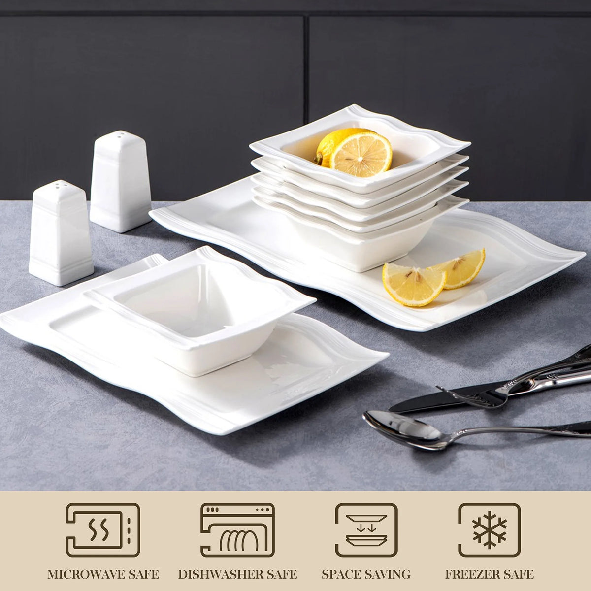 MALACASA Square Porcelain Dinnerware Set With Plates And Bowls