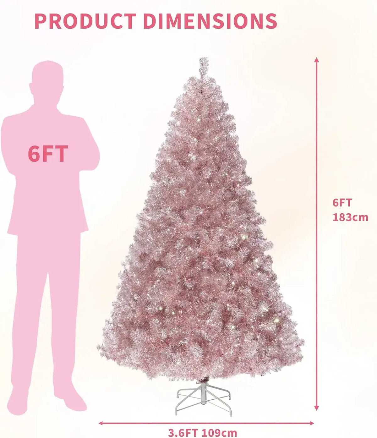 Garvee 4.5/6/7.5FT Prelit Artificial Christmas Tree Rose Gold Tinsel Fake Christmas Tree with 250 Warm White LED Lights Metal Stand & 688 Branch Tips for Home, Office, Xmas Party Decor, Gold