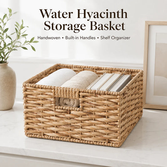 Water Hyacinth Woven Storage Basket With Handles For Home Organization