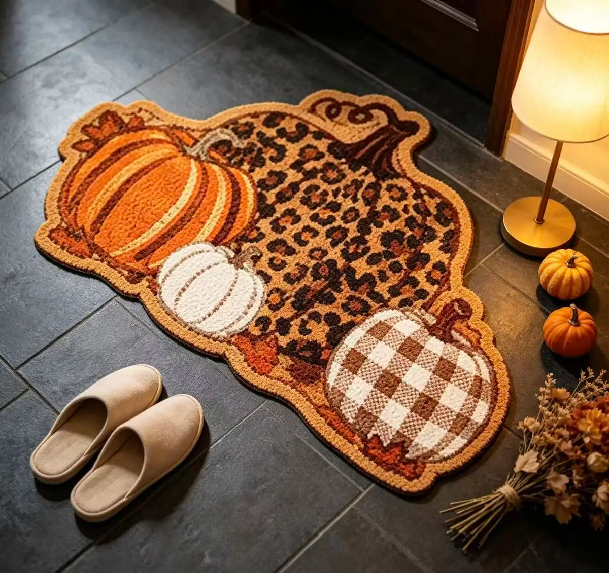 Fall Pumpkin Shaped Doormat, Leopard & Plaid Pumpkin Pattern Non Slip Floor Mat, Autumn Harvest Decorative Rug for Front Door Entrance Home Halloween Decor