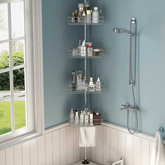 Adjustable Bathroom Corner Shower Tension Pole Organizer Rack