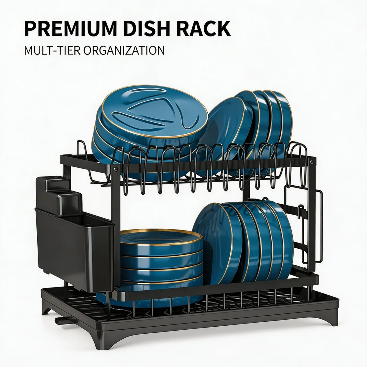 HiMISS Double Tier Dish Drying Rack With Drainage Tray
