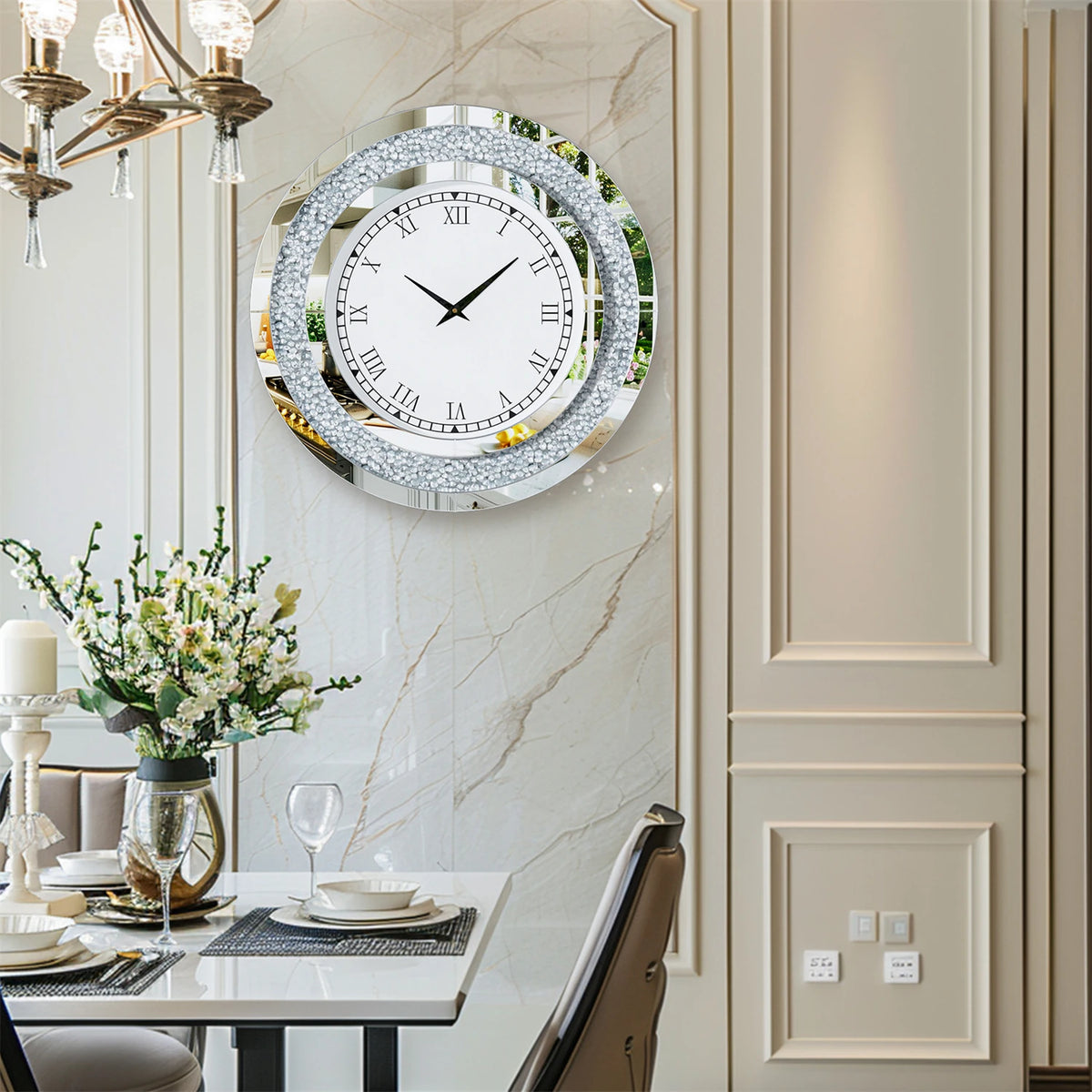 Crystal Mirrored Round Wall Clock With Sparkling Detail