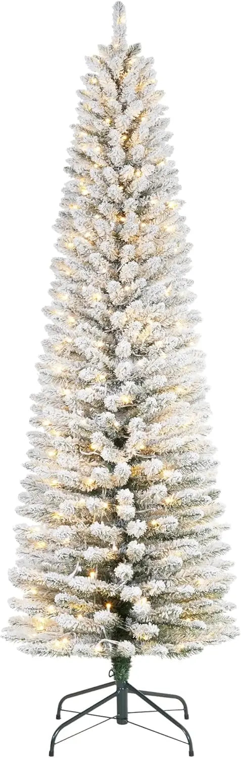 Studyset Flocked Pencil Christmas Tree With Prelit Lights And Stand