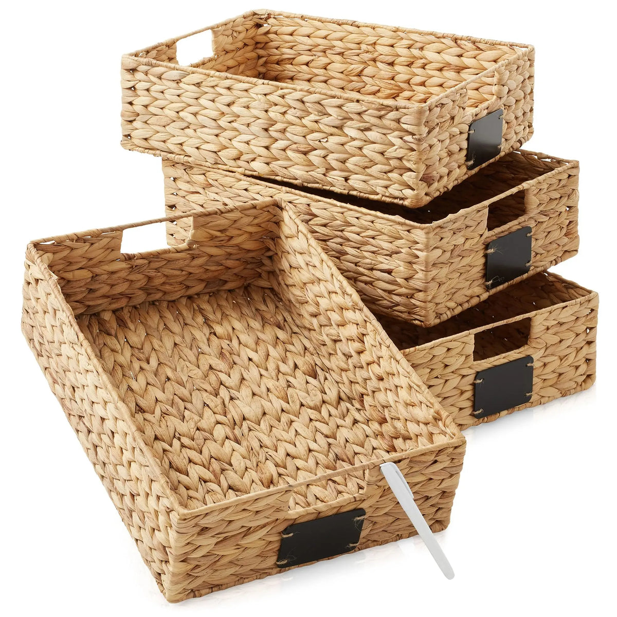 Water Hyacinth Pantry Storage Baskets With Chalkboard Labels, Set Of 4