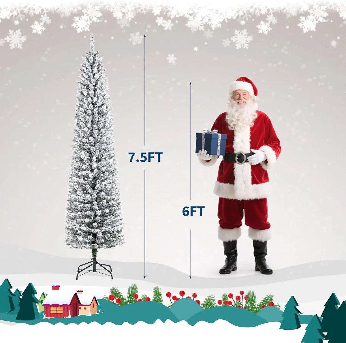Studyset Flocked Pencil Christmas Tree With Prelit Lights And Stand