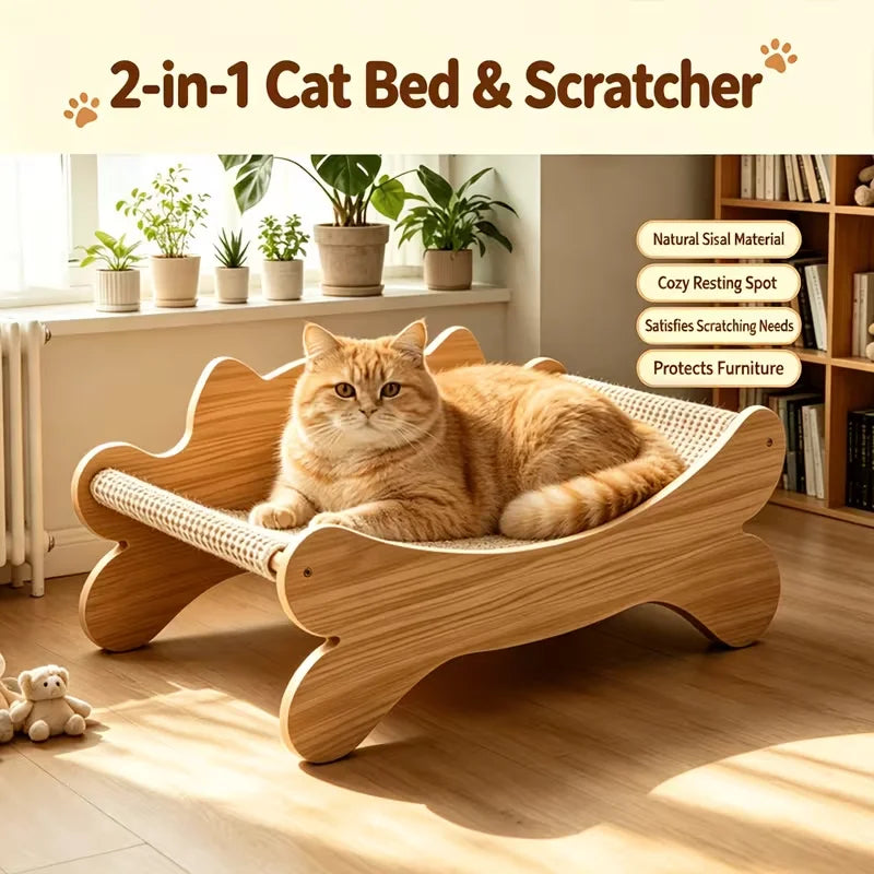 Modern Curved Wooden Cat Scratcher Bed With Sisal Lounge Pad