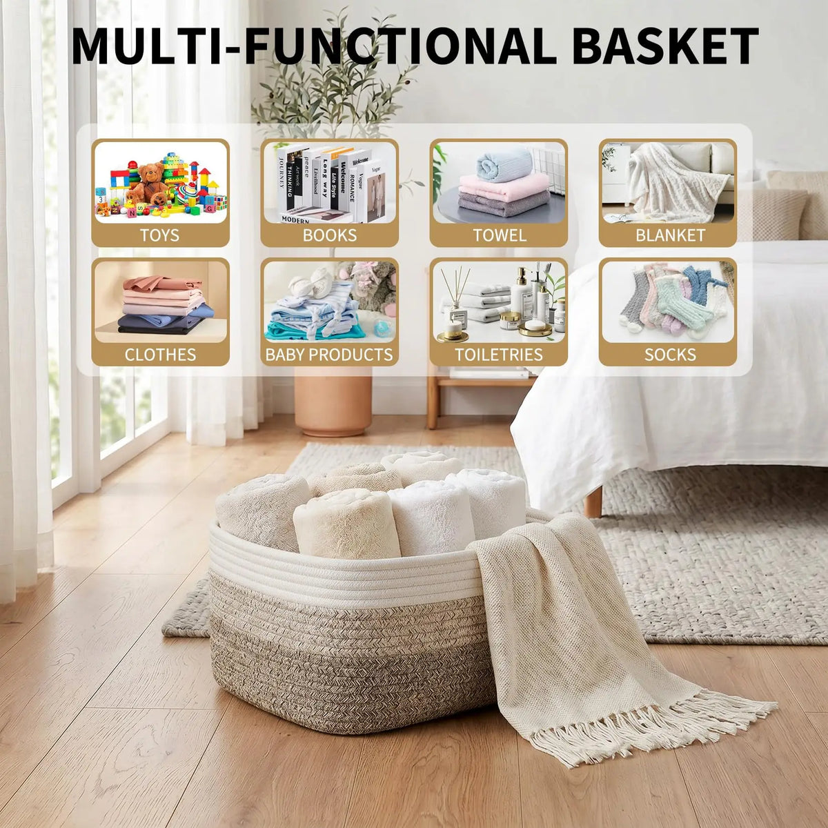 HiMISS Cotton Rope Storage Baskets Rectangular Toy Organizer