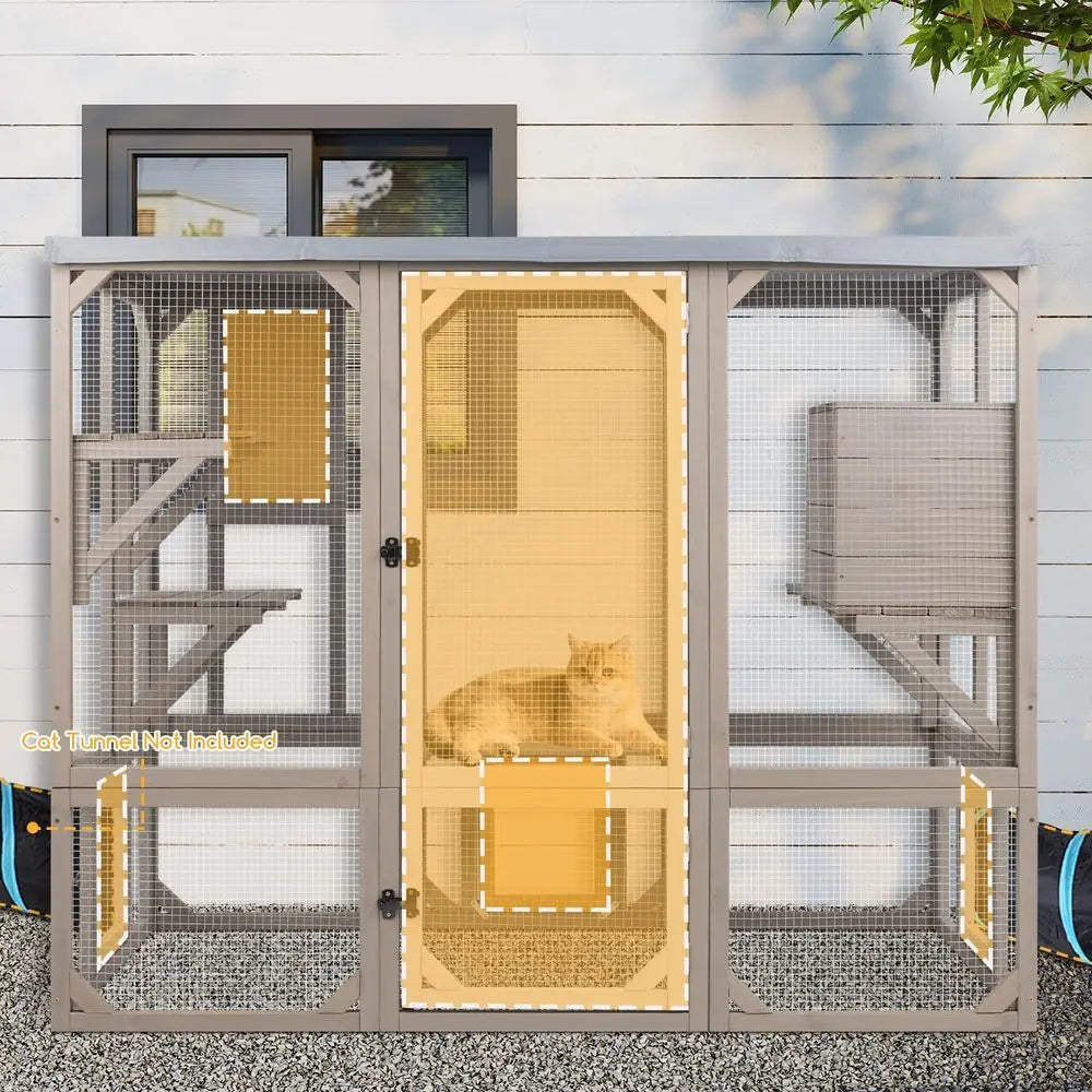 Outdoor Wooden Cat Catio Enclosure With Platforms And Resting Box