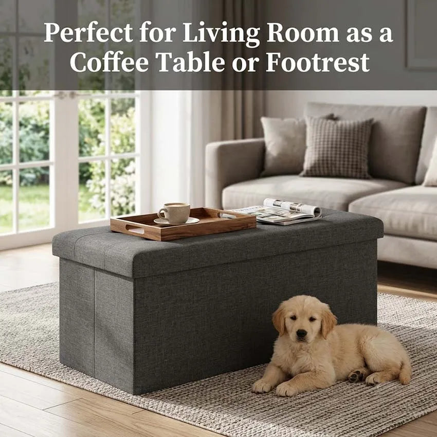 Foldable Wooden Storage Ottoman Bench With Cushion Seat