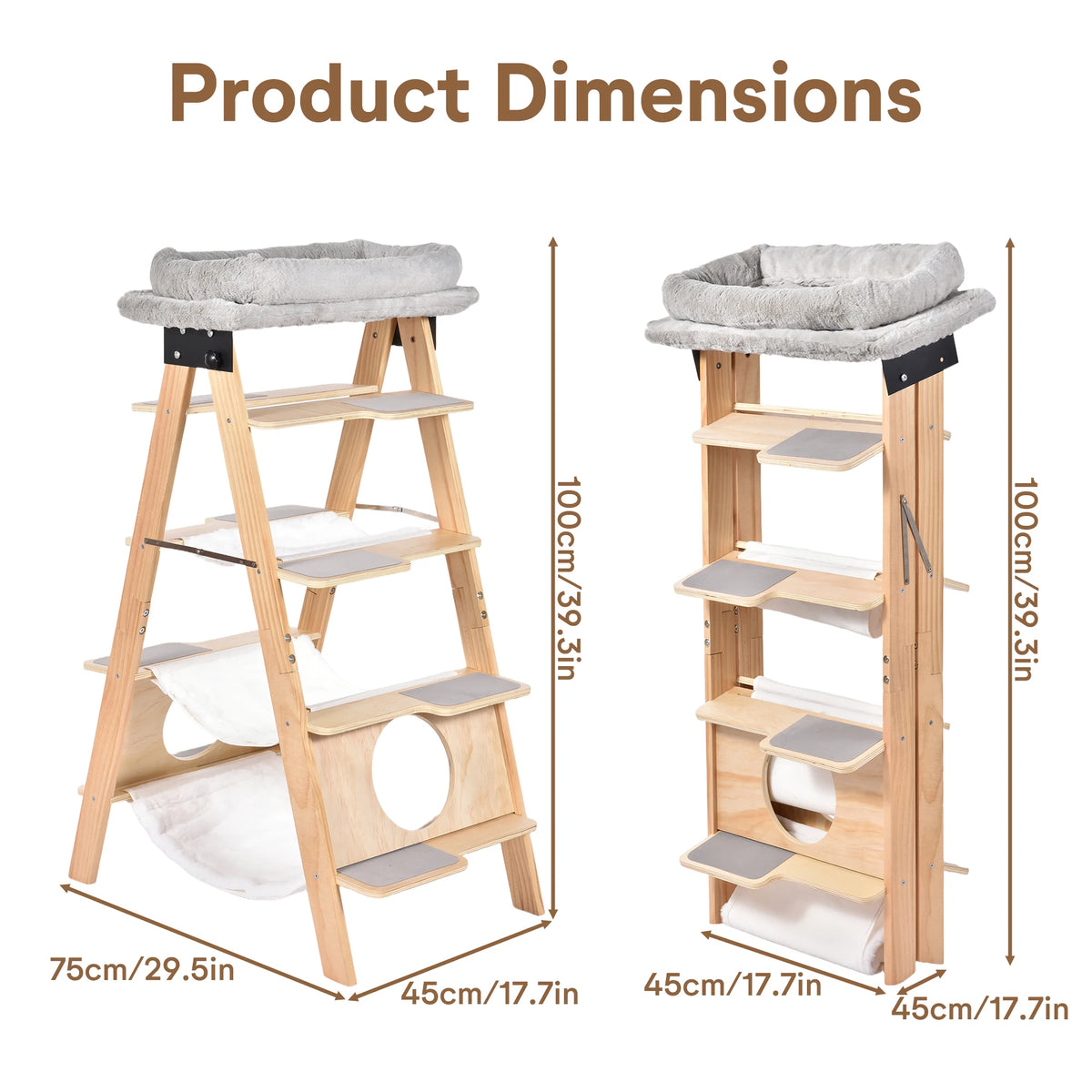 Wooden Cat Tree Tower With Washable Cushions And Hammock