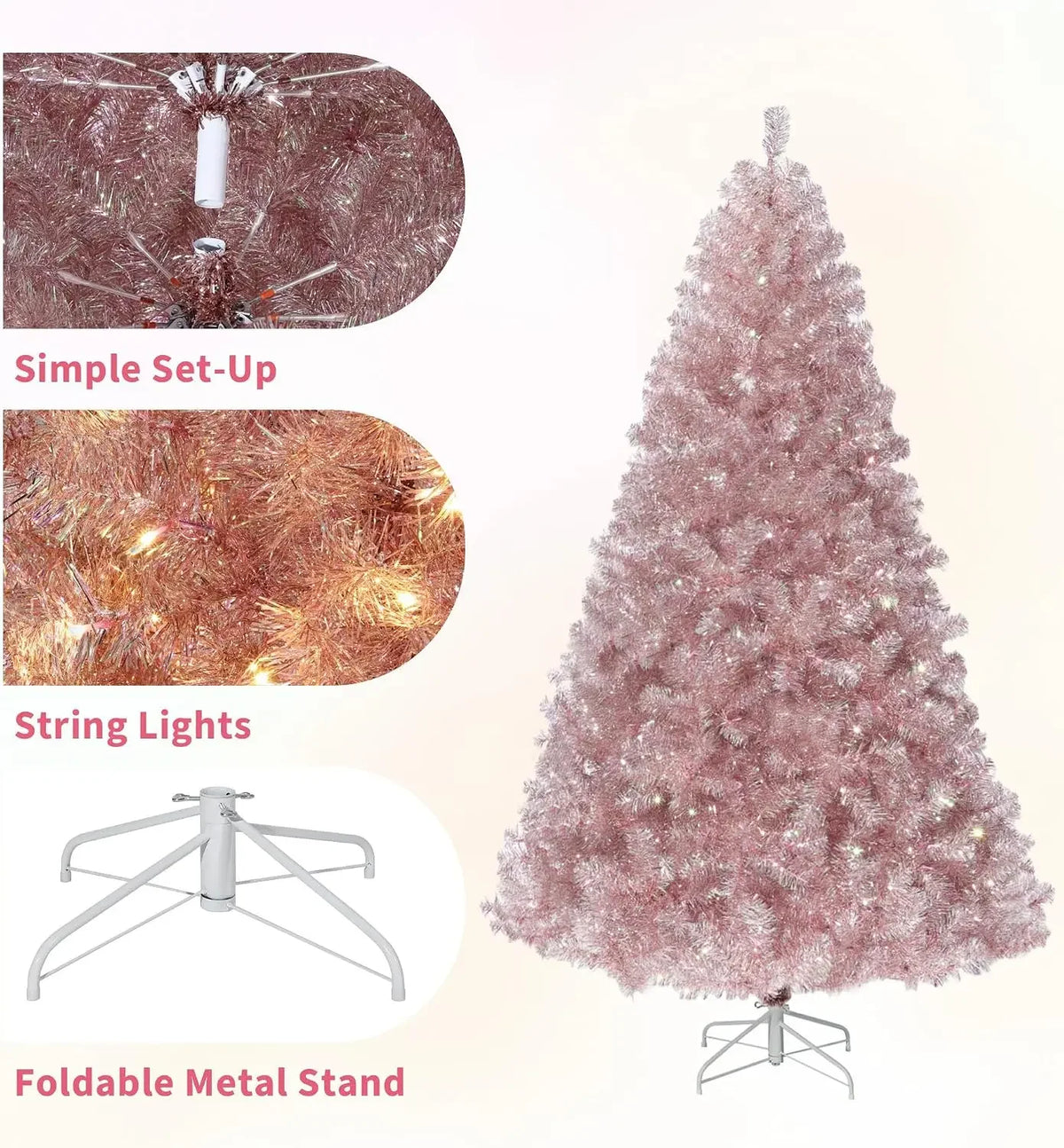 Garvee 4.5/6/7.5FT Prelit Artificial Christmas Tree Rose Gold Tinsel Fake Christmas Tree with 250 Warm White LED Lights Metal Stand & 688 Branch Tips for Home, Office, Xmas Party Decor, Gold