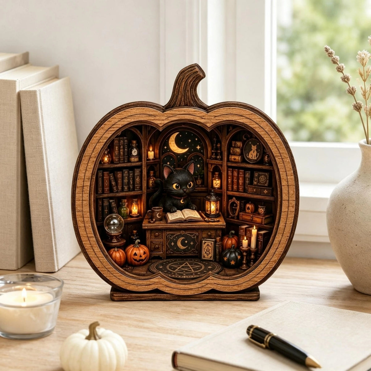 Halloween Cat Bookshop Pumpkin Figurine Display Stand