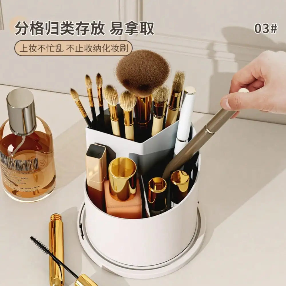 Rotating Cosmetic Storage Organizer With Brush Lid