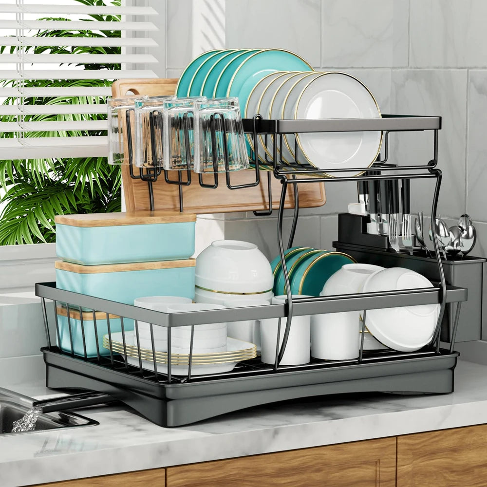 Two Tier Metal Dish Drying Rack With Draining Tray