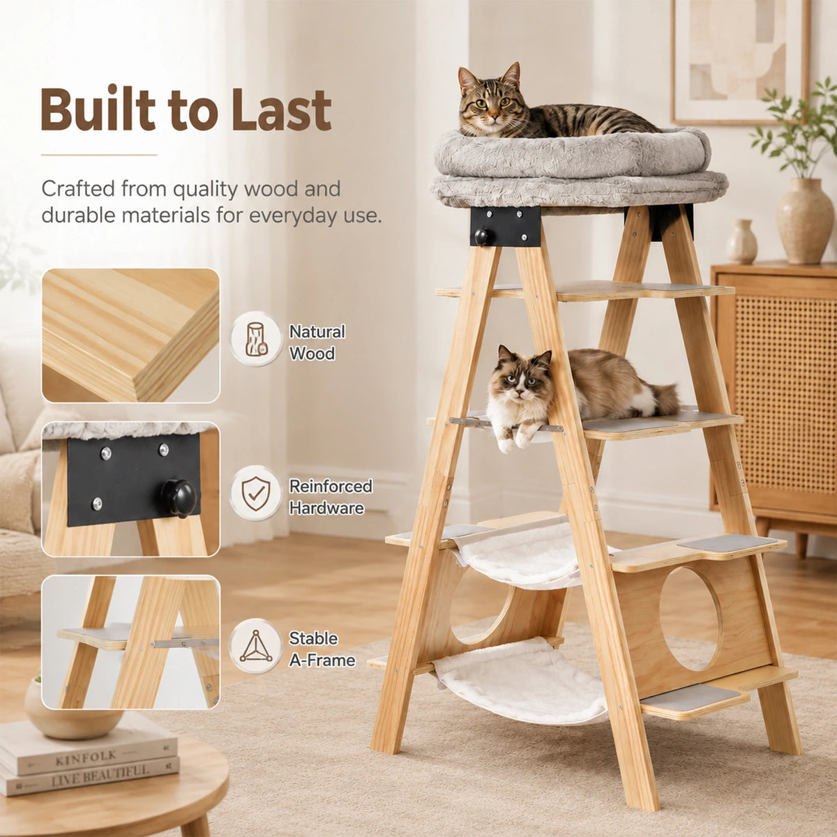 Wooden Cat Tree Tower With Washable Cushions And Hammock