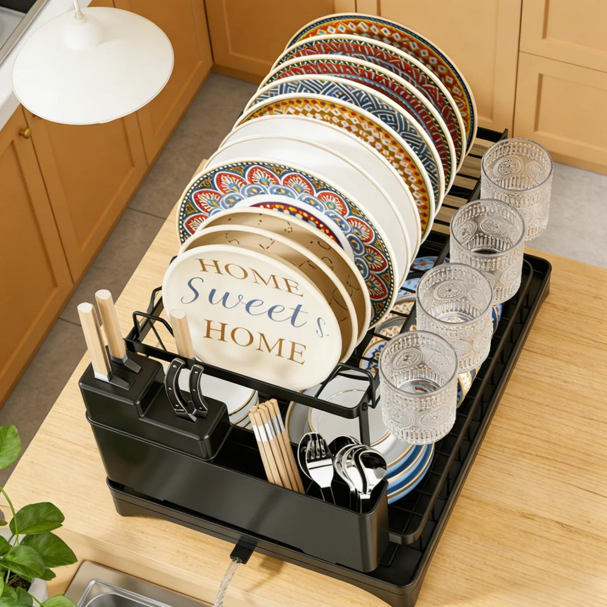 HiMISS Double Tier Dish Drying Rack With Drainage Tray